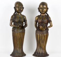 Handcrafted Dark Finish Brass Lady Statue in Tribal Art in Pair