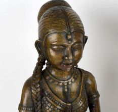 Handcrafted Dark Finish Brass Lady Statue in Tribal Art in Pair