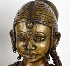 Handcrafted Dark Finish Brass Lady Statue in Tribal Art in Pair