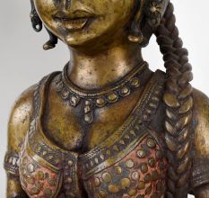 Handcrafted Dark Finish Brass Lady Statue in Tribal Art in Pair