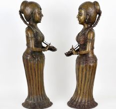 Handcrafted Dark Finish Brass Lady Statue in Tribal Art in Pair