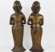 Handcrafted Dark Finish Brass Lady Statue in Tribal Art in Pair