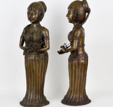 Handcrafted Dark Finish Brass Lady Statue in Tribal Art in Pair