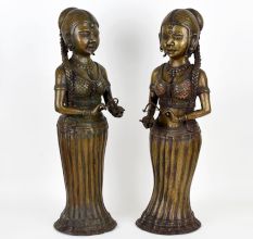 Handcrafted Dark Finish Brass Lady Statue in Tribal Art in Pair