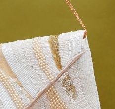 Beautiful Soft White Cotton and Beads Women Hand Bag