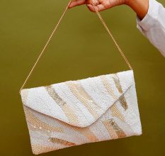 Beautiful Soft White Cotton and Beads Women Hand Bag