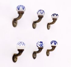 Blue Floral Ceramic Metal Wall Hooks With Antique Finish-Pack of 6