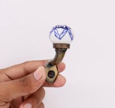 Blue Floral Ceramic Metal Wall Hooks With Antique Finish-Pack of 6