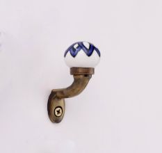 Blue Floral Ceramic Metal Wall Hooks With Antique Finish-Pack of 6