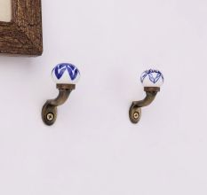 Blue Floral Ceramic Metal Wall Hooks With Antique Finish-Pack of 6