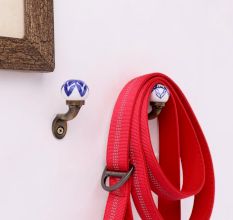 Blue Floral Ceramic Metal Wall Hooks With Antique Finish-Pack of 6
