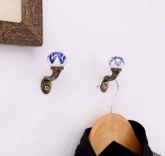 Blue Floral Ceramic Metal Wall Hooks With Antique Finish-Pack of 6