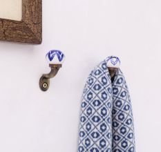 Blue Floral Ceramic Metal Wall Hooks With Antique Finish-Pack of 6