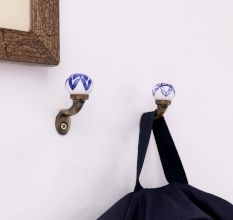Blue Floral Ceramic Metal Wall Hooks With Antique Finish-Pack of 6