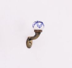Blue Floral Ceramic Metal Wall Hooks With Antique Finish-Pack of 6