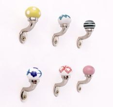 Multicolor Ceramic Metal Wall Hooks With Silver Finish-Pack of 6