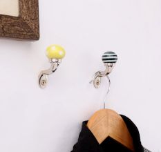 Multicolor Ceramic Metal Wall Hooks With Silver Finish-Pack of 6