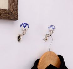 Blue Floral Ceramic Metal Wall Hooks With Silver Finish-Pack of 6
