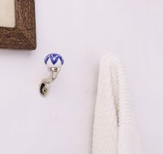 Blue Floral Ceramic Metal Wall Hooks With Silver Finish-Pack of 6