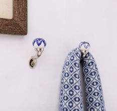 Blue Floral Ceramic Metal Wall Hooks With Silver Finish-Pack of 6