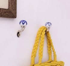Blue Floral Ceramic Metal Wall Hooks With Silver Finish-Pack of 6