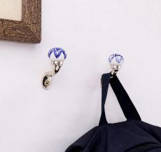 Blue Floral Ceramic Metal Wall Hooks With Silver Finish-Pack of 6