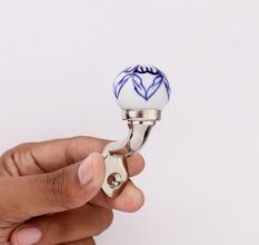 Blue Floral Ceramic Metal Wall Hooks With Silver Finish-Pack of 6