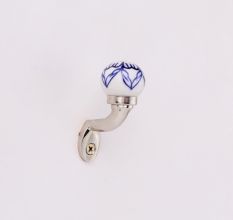 Blue Floral Ceramic Metal Wall Hooks With Silver Finish-Pack of 6