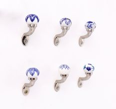 Blue Floral Ceramic Metal Wall Hooks With Silver Finish-Pack of 6