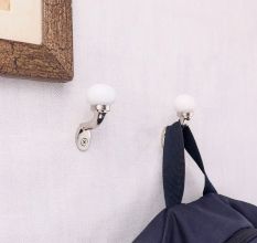 Solid White Ceramic Metal Wall Hooks With Silver Finish-Pack of 6