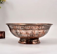 Carved Handmade Copper Bowl with Stand in Kashmiri Art