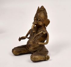 Tribal Vintage Brass Lord Ganesha Playing Sarangi Statue for Decor