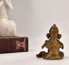Tribal Vintage Brass Lord Ganesha Playing Sarangi Statue for Decor