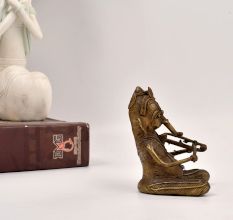 Tribal Vintage Brass Lord Ganesha Playing Sarangi Statue for Decor