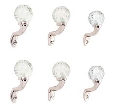 Round Diamond Cut Glass Metal Wall Hooks With Silver Finish-Pack of 6