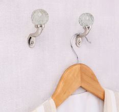 Round Diamond Cut Glass Metal Wall Hooks With Silver Finish-Pack of 6