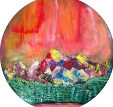 Radiant Peaks Oil Canvas Round Painting by Artist Debayan Kundu 32 Inches