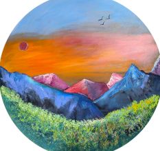 Mountain Range Oil Round Canvas Painting by Artist Debayan Kundu 36 Inches