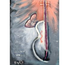 Butterfly on Violin Oil Canvas Painting by Artist Debayan Kundu 30 x 20 Inches