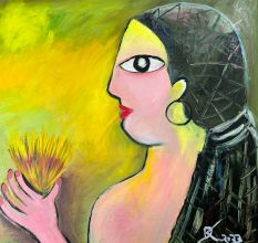 A Girl with a Flower Oil Canvas Painting by Artist Debayan Kundu 30 x 30 Inches