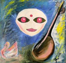 Maa Saraswati Oil Canvas Painting by Artist Debayan Kundu 30 x 30 Inches