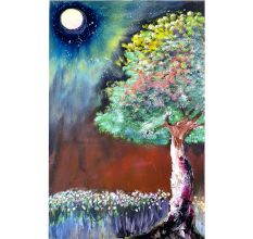 Night Tree Oil Canvas Painting by Artist Debayan Kundu 30 x 20 Inches