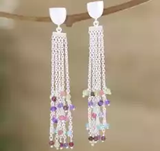 Multi Gemstone Beaded Dangle earring, Brass silver plated earring, Gift jewelry