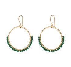 Green Onyx beaded Circle dangle earring, Brass 18k gold plated