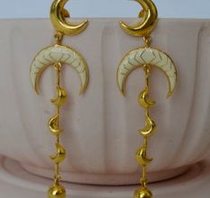 Crescent Moon Drop Earrings in 22K Gold-Plated Brass with Enamel Detailingâ€“ 3.1