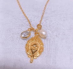 Nino Face with Pearl and cz pendant necklace, Brass 22k gold plated, Handmade jewelry