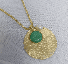 Big Hammered disc with emerald and pearl stone necklace, Handmade jewelry