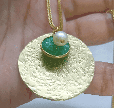 Big Hammered disc with emerald and pearl stone necklace, Handmade jewelry
