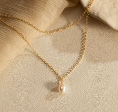 Pearl Drop necklace, Two Layer Chain necklace, Brass 22k gold plated, Handmade jewelry