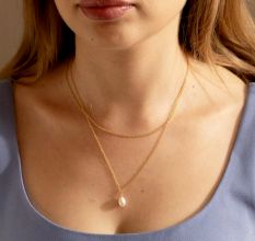 Pearl Drop necklace, Two Layer Chain necklace, Brass 22k gold plated, Handmade jewelry